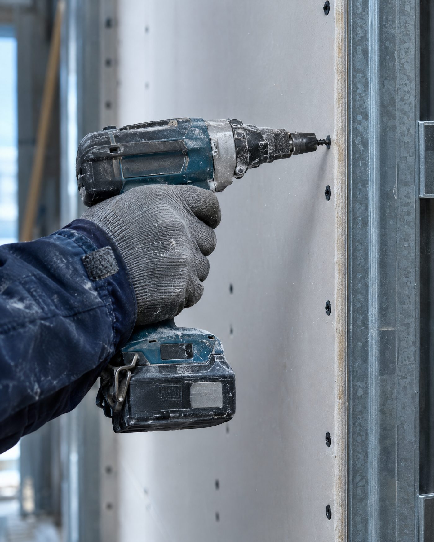 Verschrauben einer Gipskartonplatte auf dem Metallständer