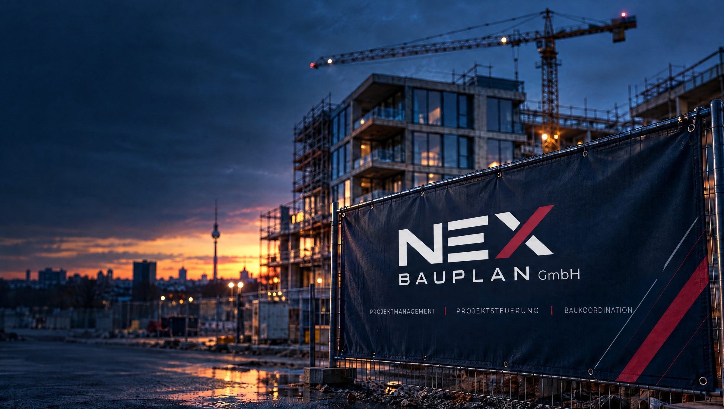 Baustelle eines modernen Wohngebäudes in der Abenddämmerung mit NEX-Bauplan-Banner