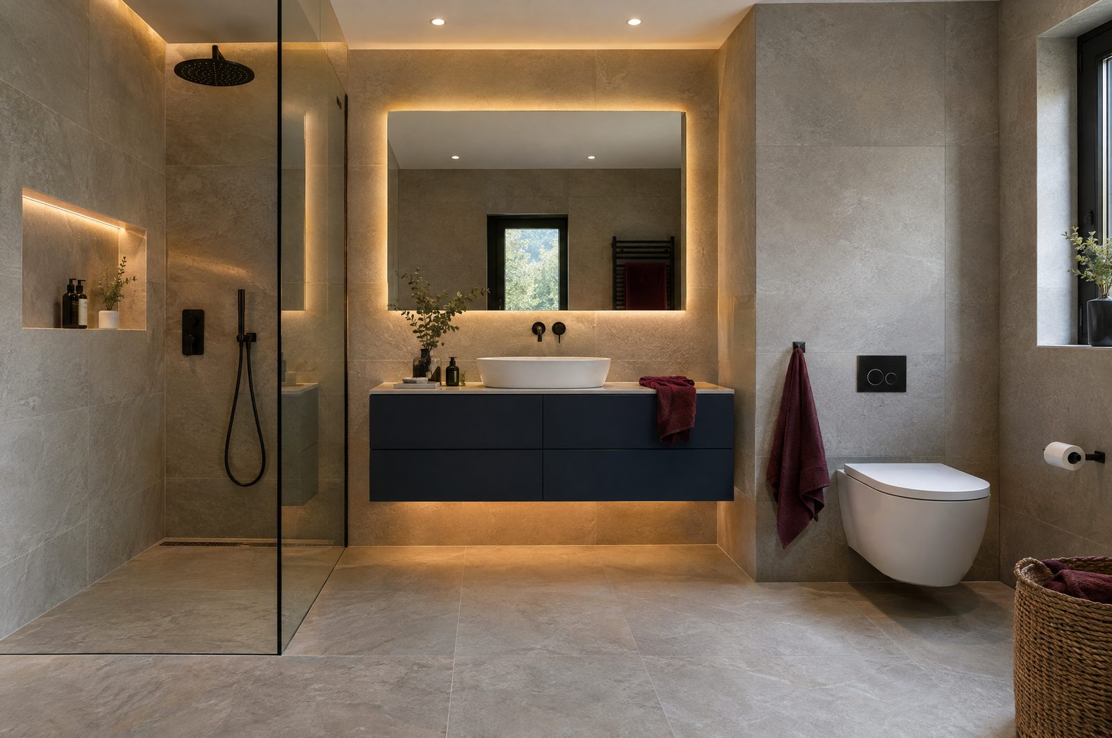 Neues Bad mit großformatigen Fliesen und Walk-in-Dusche