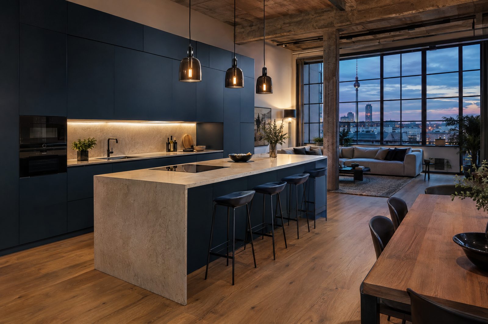 Designerküche mit dunkelblauen Fronten im Loft