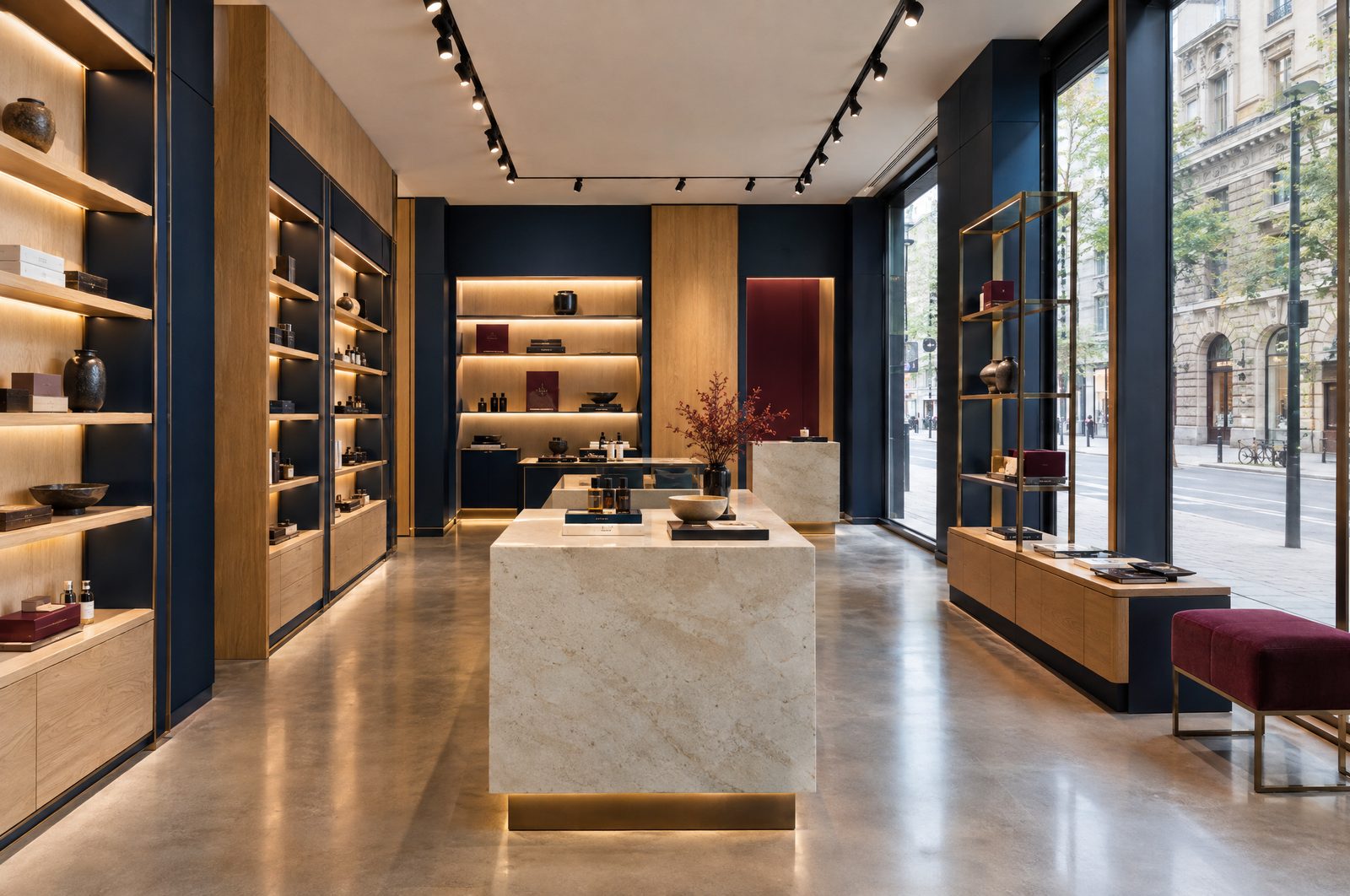 Fertiger Concept Store mit Eiche und dunkelblauer Wandverkleidung