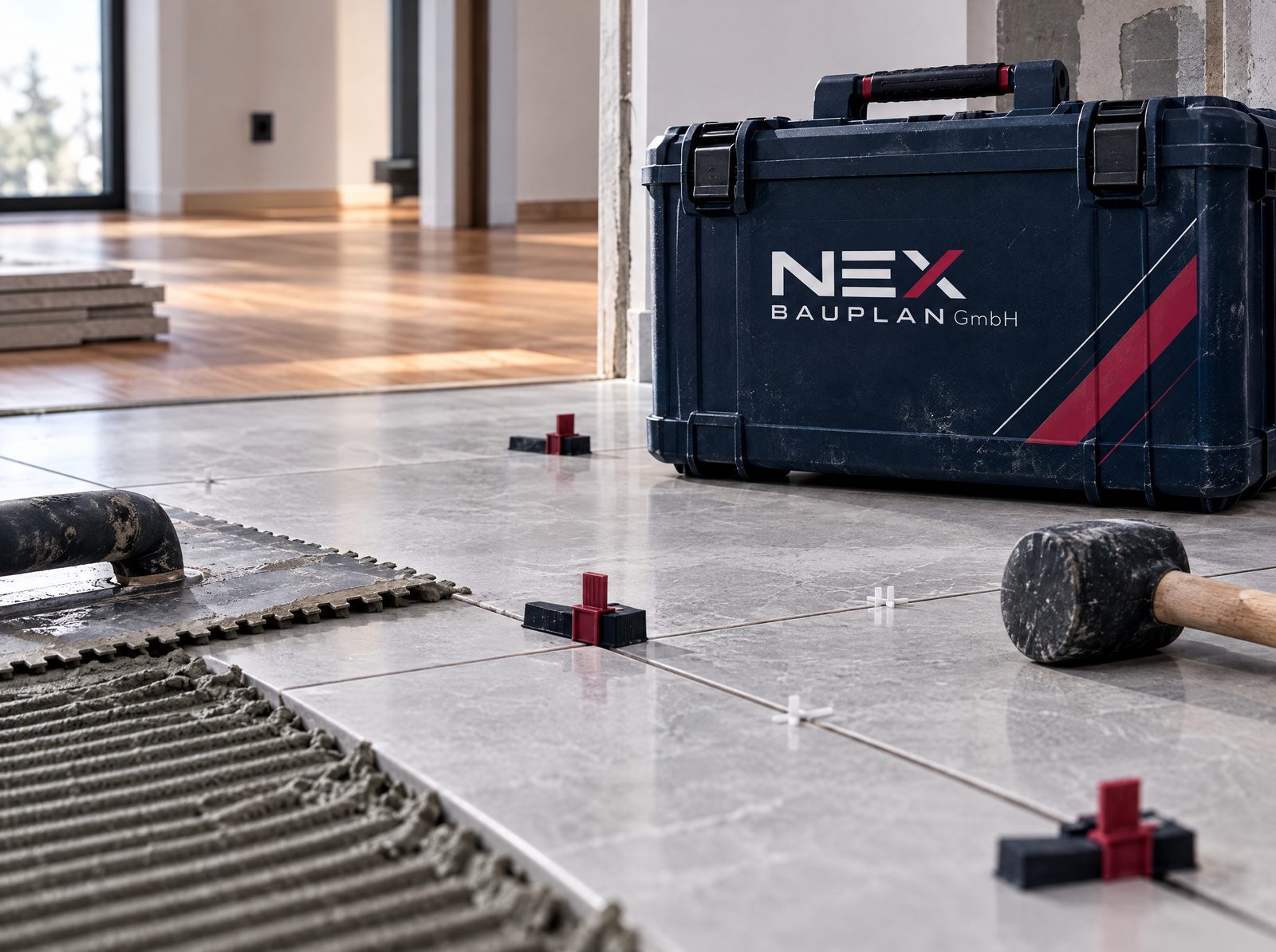 Großformatige Fliesen werden verlegt, NEX-Werkzeugkoffer