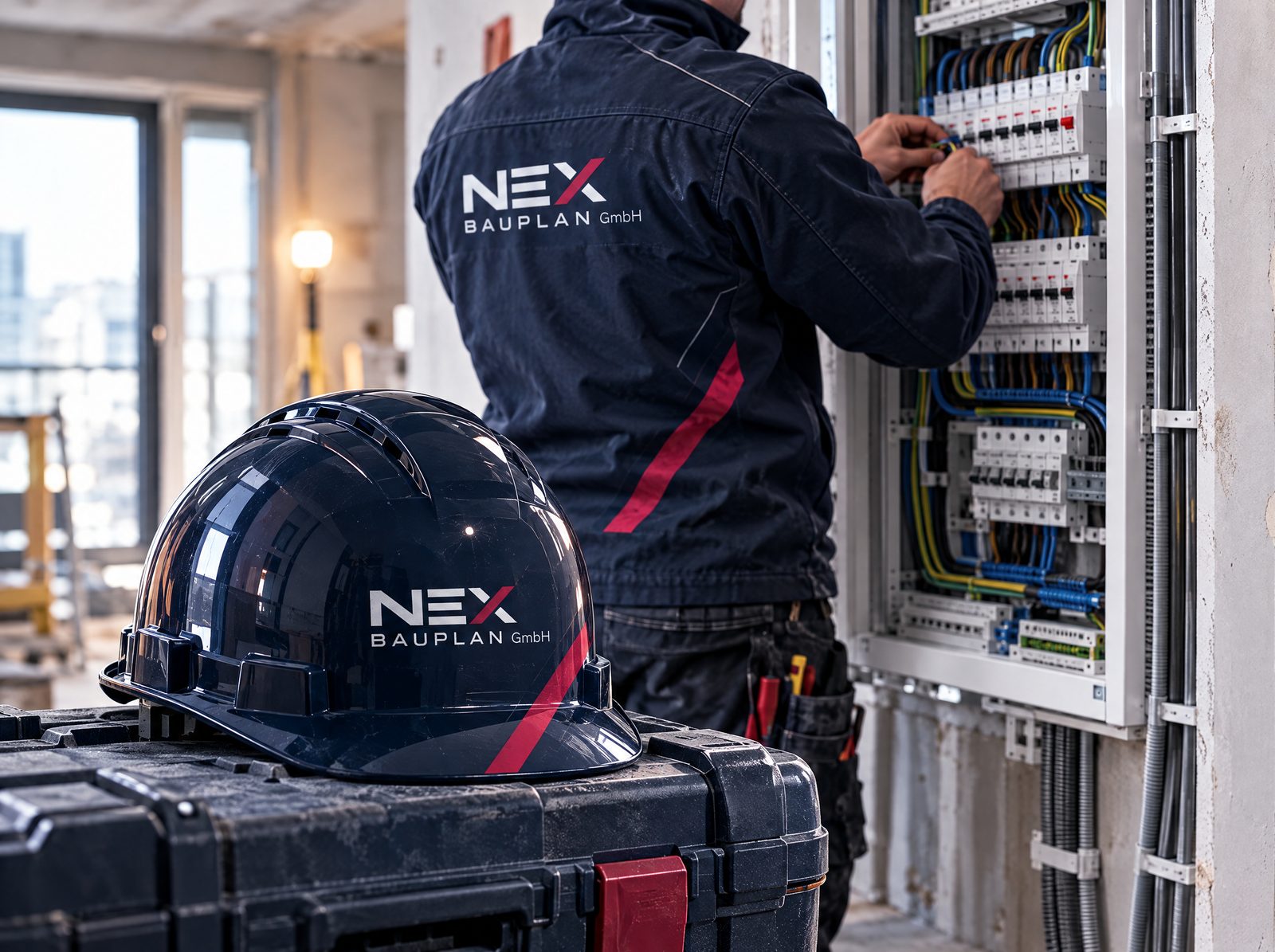 Elektriker in NEX-Jacke verdrahtet einen neuen Verteilerkasten