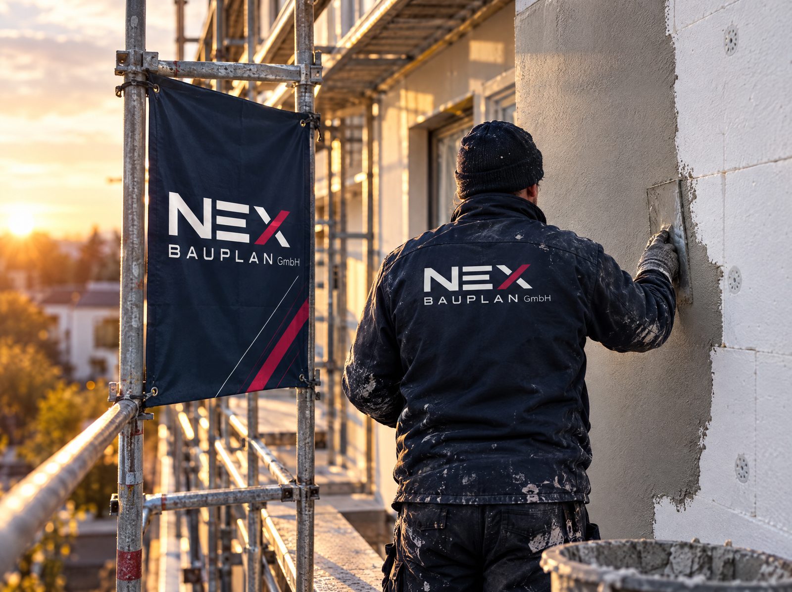 Putzer in NEX-Jacke trägt Außenputz auf der eingerüsteten Fassade auf