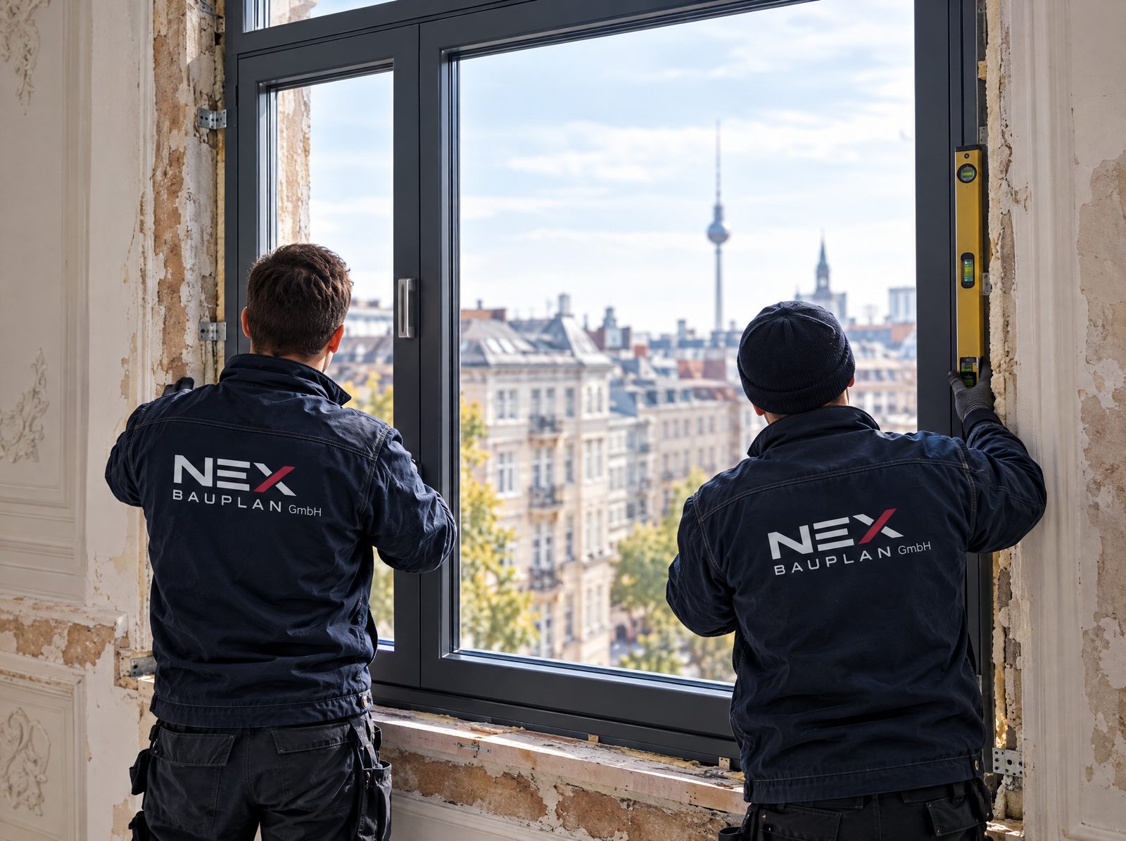 Monteure in NEX-Jacken setzen ein maßgefertigtes Fenster im Altbau ein