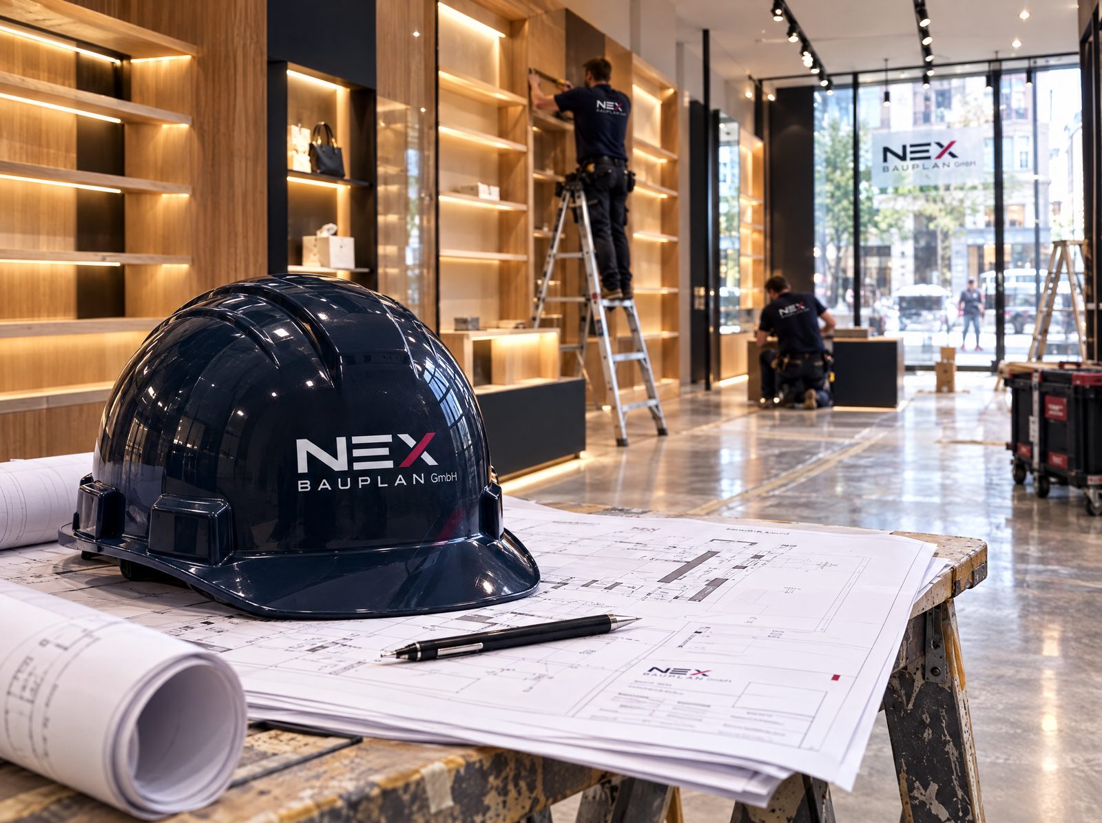Ladenbau-Baustelle mit Regalsystemen und NEX-Bauplan-Helm