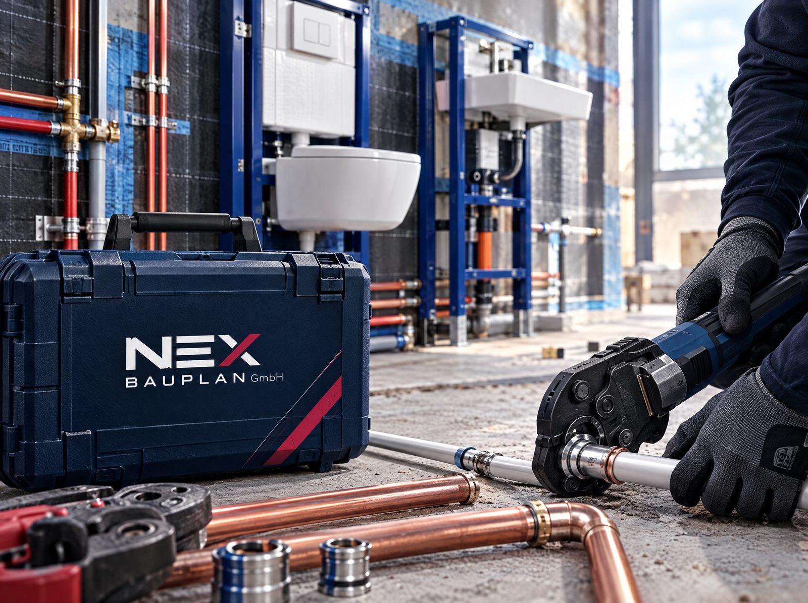 Sanitärinstallation mit Vorwandelementen und NEX-Werkzeugkoffer