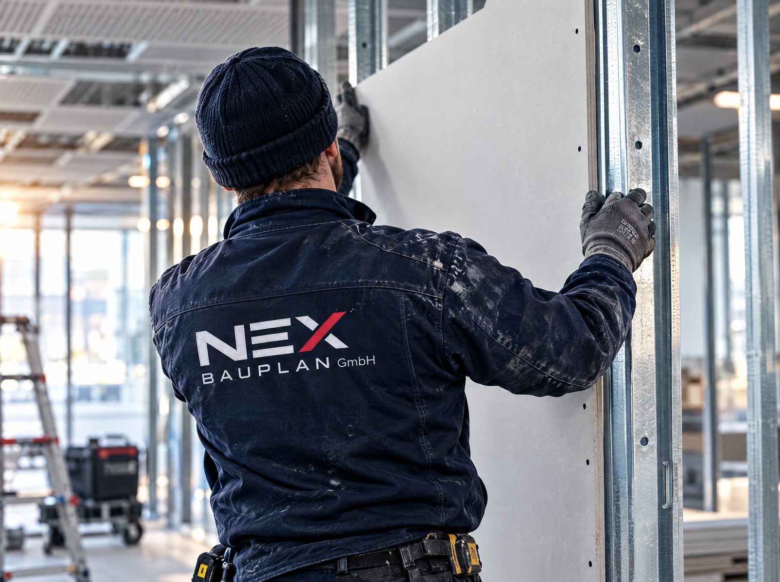 Handwerker in NEX-Jacke montiert Gipskartonplatten